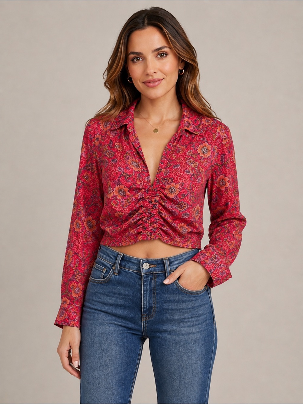 Free People Long Sleeve Floral V-Neck I Got You Printed Top Red Size Medium